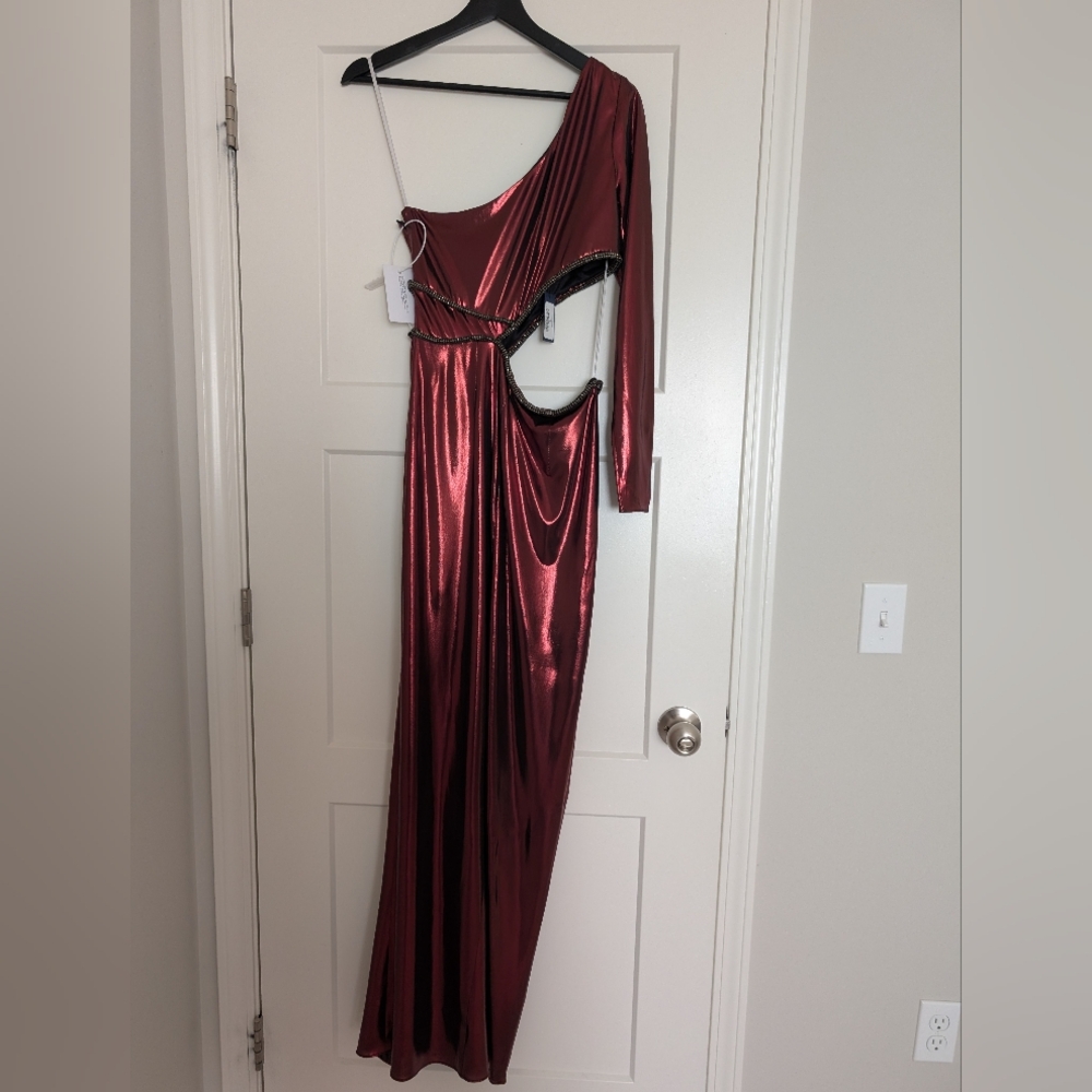 NWT Marchesa Notte Evening Gown One-Shoulder With Cutout Metallic Red Size 4